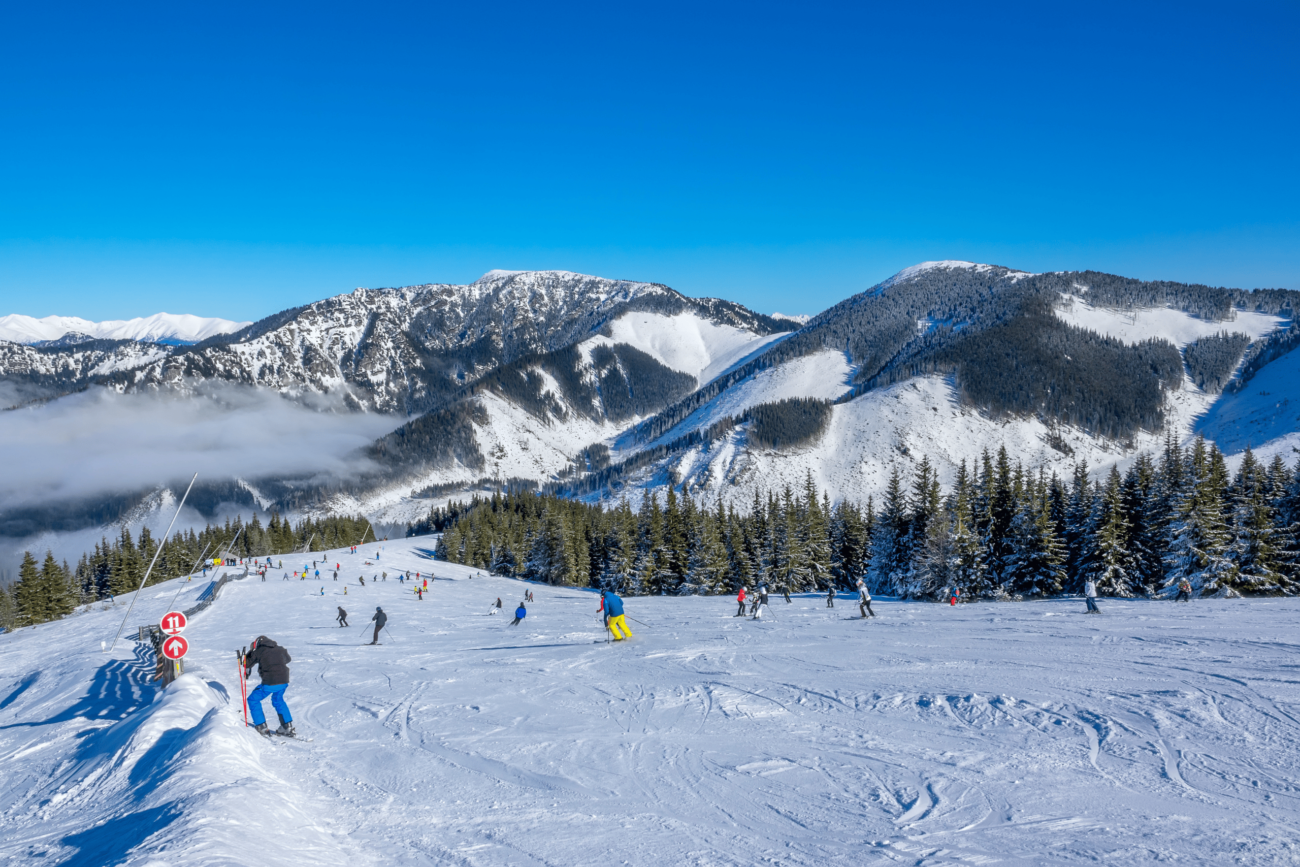 lots of skiers on a slope in French Alps